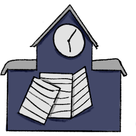 a blue school with a grey roof and white clock the the top with 3 pieces of paper in it